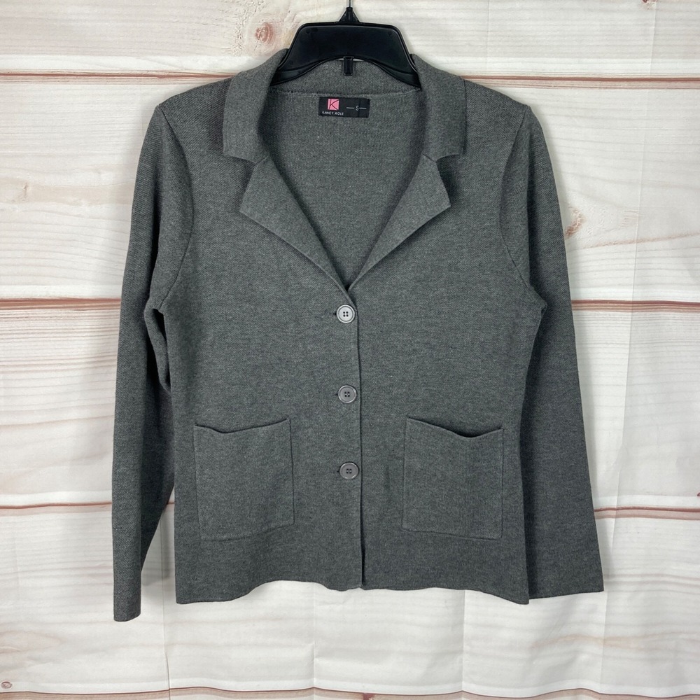Kancy Kole Blazer Womens S Gray Button Up Knit Jacket Collar Long Sleeve Pockets